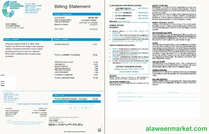 USA Clark Regional Wastewater District utility bill template in Word and PDF formats, 2 pages